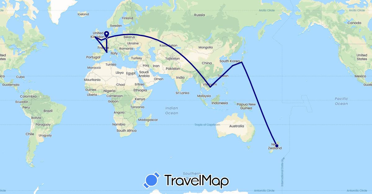 TravelMap itinerary: driving in France, United Kingdom, Ireland, Japan, Netherlands, New Zealand, Taiwan, Vietnam (Asia, Europe, Oceania)