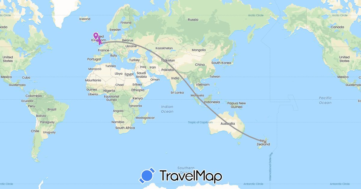 TravelMap itinerary: driving, plane, train in United Kingdom, Ireland, New Zealand, Singapore (Asia, Europe, Oceania)